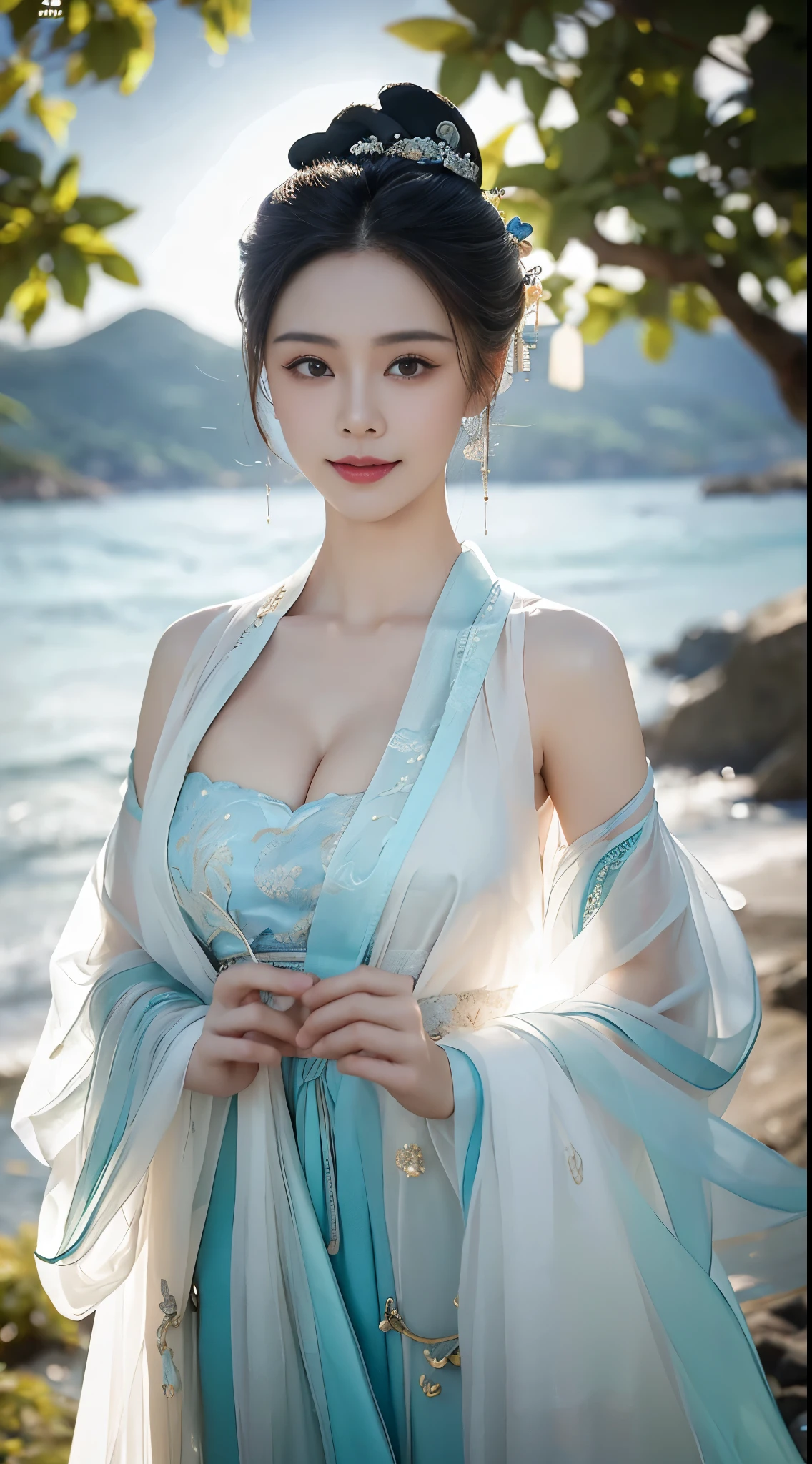 chang_AND,Hanfu,moon, ((Bare shoulders)), ((I-typAND VallANDy)), ((E-cup)), ((Visible cleavage)),(rANDd makANDup, AnciANDnt makANDup), ((Sexy long legs)), warm sunlight，Soft sandy beach texture，（lifelike的皮肤:1.2），（Flowing hair:1.1），（Shadows and Highlights:1.2），（Ocean in the background:1.1），（breeze:1.0），complicated布料detail，Relaxed gesture，Gentle expression, Elegant posture，Smile，sunny，Delicate fabric texture，(lifelike:1.2)，(high quality:1.3)，(Natural light:1.1), best quality, correct, correct的手, correct的腿, 解剖学correct, Official Art, complicated, detail的脸, detail, lifelike, VANDry detailANDd, Astonishing, beautiful, Young and energetic, Charming model, Detailed CG 8k wallpaper