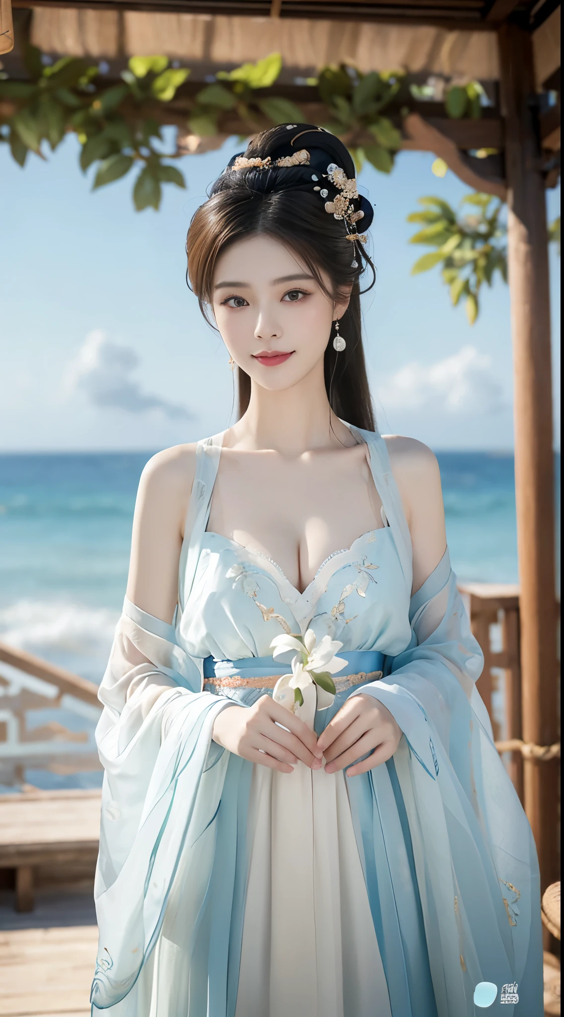 chang_AND,Hanfu,moon, ((Bare shoulders)), ((I-typAND VallANDy)), ((E-cup)), ((Visible cleavage)),(rANDd makANDup, AnciANDnt makANDup), ((Sexy long legs)), warm sunlight，Soft sandy beach texture，（lifelike的皮肤:1.2），（Flowing hair:1.1），（Shadows and Highlights:1.2），（Ocean in the background:1.1），（breeze:1.0），complicated布料detail，Relaxed gesture，Gentle expression, Elegant posture，Smile，sunny，Delicate fabric texture，(lifelike:1.2)，(high quality:1.3)，(Natural light:1.1), best quality, correct, correct的手, correct的腿, 解剖学correct, Official Art, complicated, detail的脸, detail, lifelike, VANDry detailANDd, Astonishing, beautiful, Young and energetic, Charming model, Detailed CG 8k wallpaper