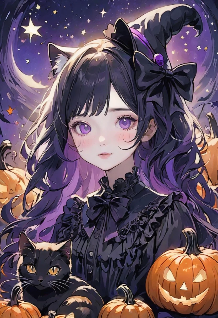 Gothloli cute girl, curly orange, purple, and black hair, black bow, Victorian collar, Halloween decorations, intricate patterns, black cat, ghosts, pumpkins, candy, starry sky, pastel colors, detailed line art, whimsical, fantasy, spooky holiday illustration