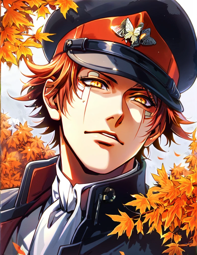Ultra detailed, highres, absurdres, HDR, Tyki Mikk, 1 man only, with wavy dark short hair, mole under his left eye, golden eyes, D Gray Man, handsome, butterflies, orange leaves, autumn, black hat,