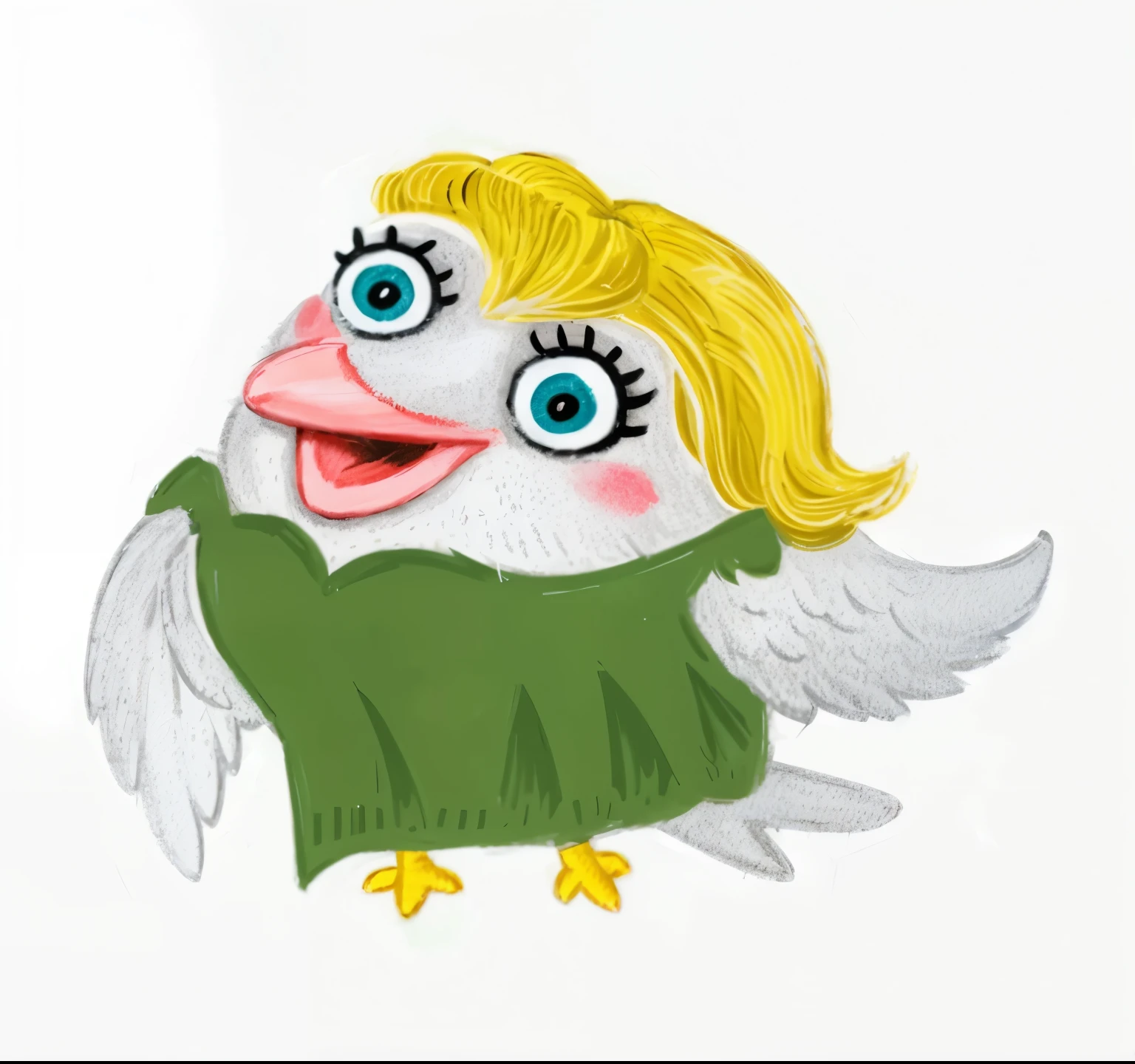 hand drawn cartoon bird character with yellow wavy and curly hair, red beak in lipstick, green light dress, Long eyelashes