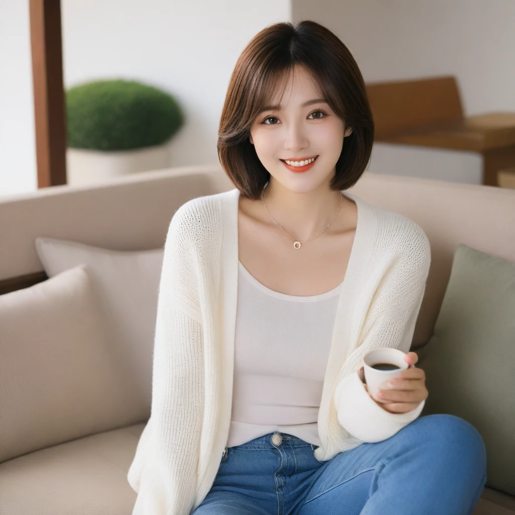 Beautiful Korean Woman , 32 inch chest size, Your eyes are big and pretty. Wearing a cardigan with a blouse, casual pants, short medium hair, Smile. necklet, sit on the sofa , coffee on the table, uhd