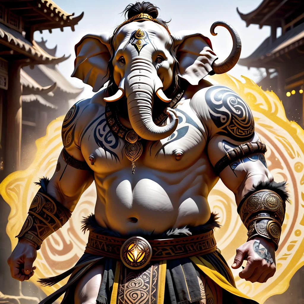 (1 white elephant-humanoid male:1.5), solo, wearing gambeson, ((rune tattoos)), tribal bodypaint, ((Face tribal-tattoos)), fullbody-image, attacking viewer with fists, detailed elephant cleric man, long beefy carved fangs, strong body, (smirk:1.1), (nose blush:1.1), (big yellow eyes:1.1), (hvid pels:1.1), beautiful detailed face, messy hair, cinematic lighting, shot on canon 5d, Greg Rutkowski, Yoji Shinkawa:0.6,