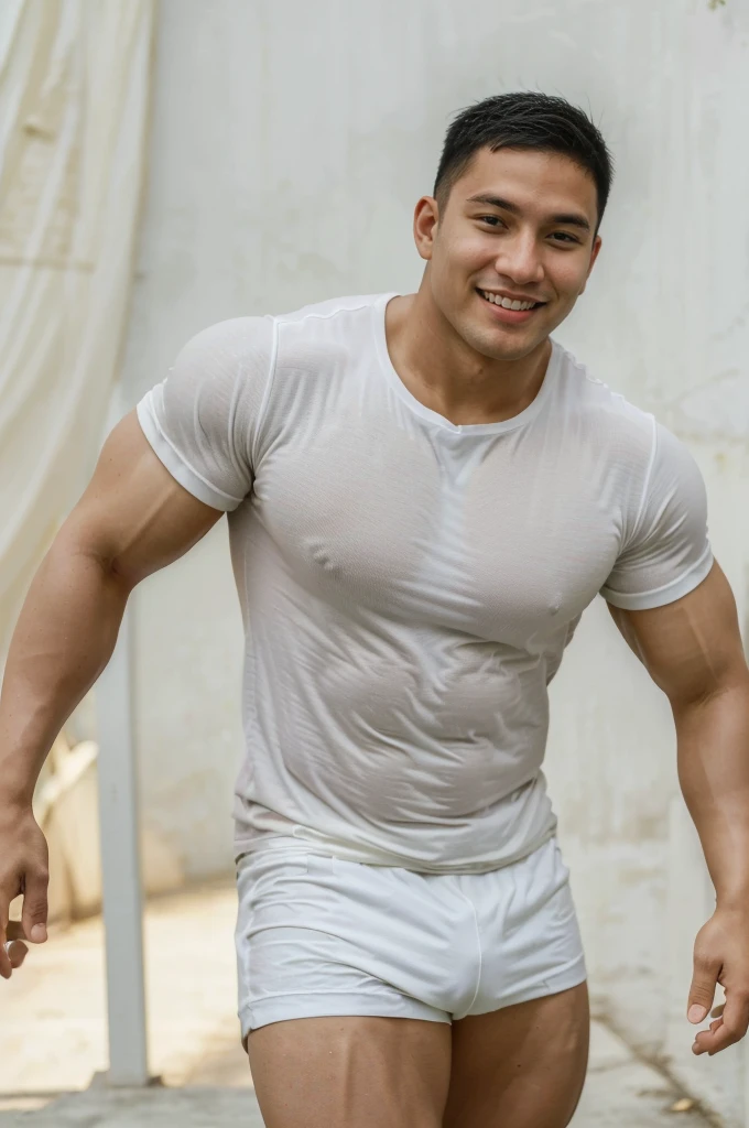 ((Highest quality, 8K, Masterpiece: 1.3))、Thailand Laos Burma Asia, Thai man, A handsome Asian rugby player with short hair, a muscular beard, and big muscles., １A man who has、 yo、Good appearance、Beautiful nose、smile、 Detailed eyes and face、beautiful light、(studio)、high resolution、（Look at the viewer.）、Fine mouth、smile、whole body: 1.5, perfect shape: 1.3, Picture of both shoulders:1.3, Dark red and white round neck t-shirt.:1.5