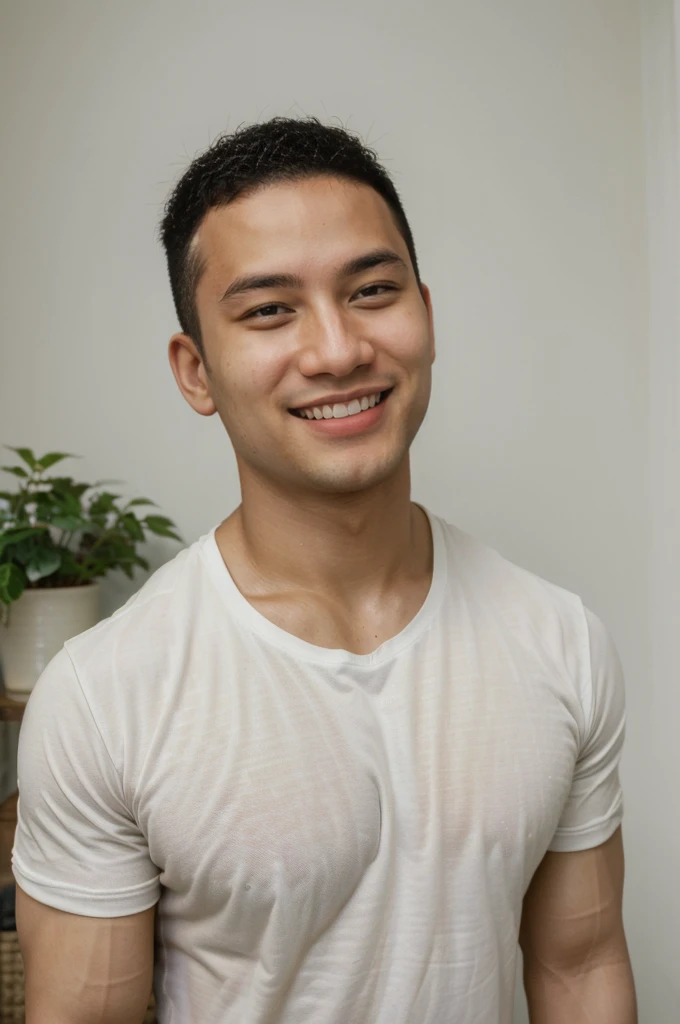 ((Highest quality, 8K, Masterpiece: 1.3))、Thailand Laos Burma Asia, Thai man, A handsome Asian rugby player with short hair, a muscular beard, and big muscles., 1A man who has、 yo、Good appearance、Beautiful nose、smile、 Detailed eyes and face、beautiful light、(studio)、high resolution、(Look at the viewer.)、Fine mouth、smile、whole body: 1.5, perfect shape: 1.3, Picture of both shoulders:1.3, Dark red and white round neck t-shirt.:1.5