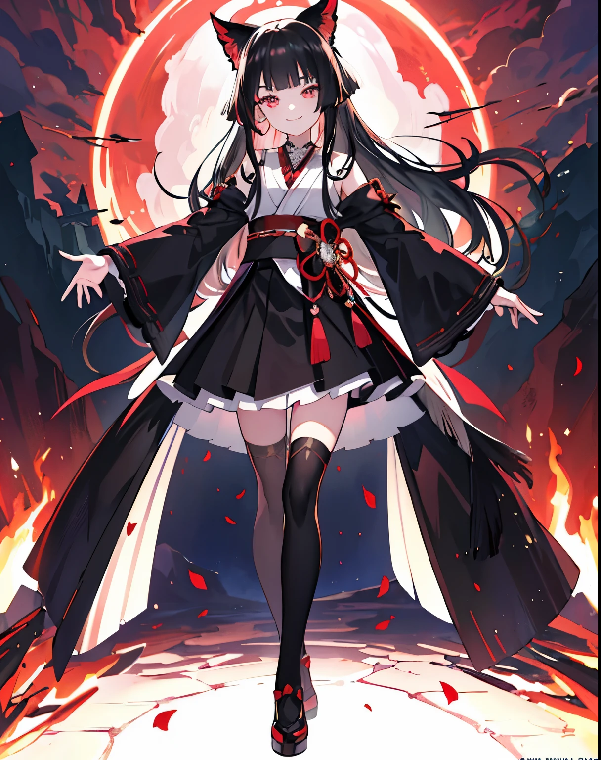 [(Detailed Background:1.4)::5],original,(figure:1.1),(Highest quality),(Tabletop:1.1),(Highly detailed CG 8k wallpaper:1.1), (colorful:0.9),(Mid Shot:0.95),(very detailed beautiful whole body),Ear covering accessories、Standing in the Wilderness, (girl),(((Adult))), (Beautiful eyes in every detail:1.15), (Beautiful Face:1.15), (Glowing red eyes:1.25////),(Black Hair),Pale skin，Pink Eyes，Red Bow，Amaryllis，((Wicked Smile))，Crystal Earrings，raven feather skirt,whole body,Wearing shrine maiden clothes and knee socks,((Long black hair)),Long black hair,
