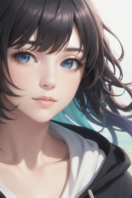 girl,Character design sheet,Beautiful attention to detail,Beautiful lip detail,Very detailed目と顔,Long eyelashes,Realistic,photoRealistic:1.37,Very detailed,Professional,Vibrant colors,Portraiture,Studio Lighting,Sharp focus,Physically Based Rendering,High resolution,超High resolution. blue eyes, Long Hair，Hair blowing in the wind、Black Hair，Lower the corners of the eyes，hoodie，Perm