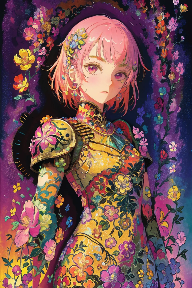 woman, flower dress, colorful, epic background,flower armor, multicolor theme, millions of colors theme, psychedelic style, camouflage pattern:0.5