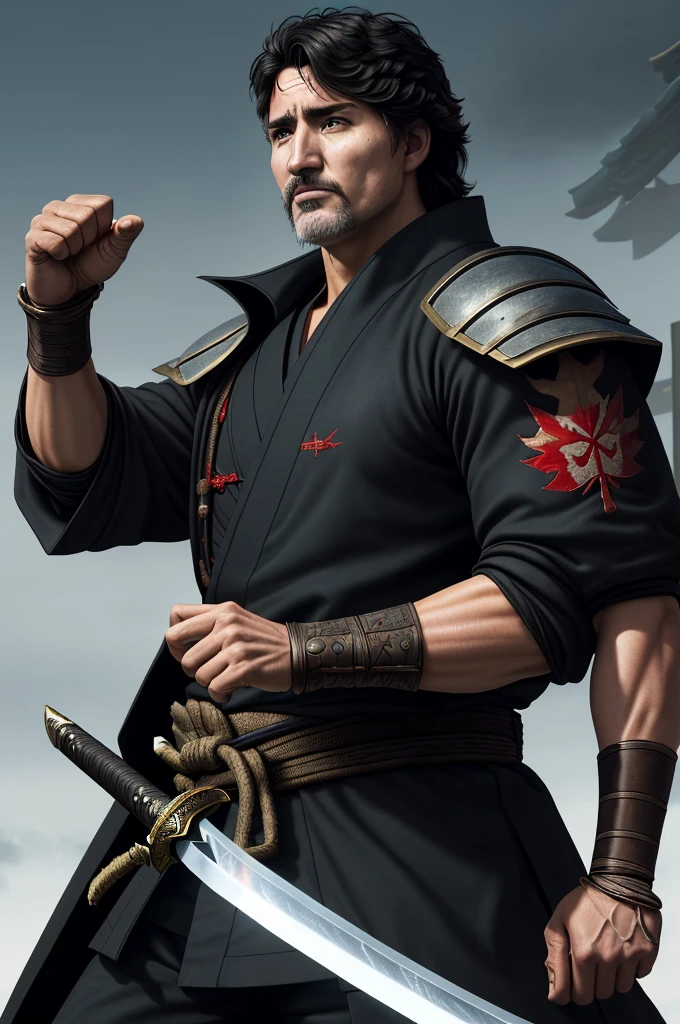Highest quality,High resolution,((Justin Trudeau)) ,Canada,Kenshiro,Fist of the North Star,samurai,One person,warrior,(black_coat),kimono,male,One personで,Middle Age,Swordsman,strongest,Anime Style,(Limbs),(Full Finger),(Accurate fingertips), (The finer details), (Super detailed),(Japanese sword:),4K,(high resolution),whole body, (Front angle), Looking at the camera,masterpiece,(Subtle details),(Intricate details),Octane Rendering,(Hyper Detail),