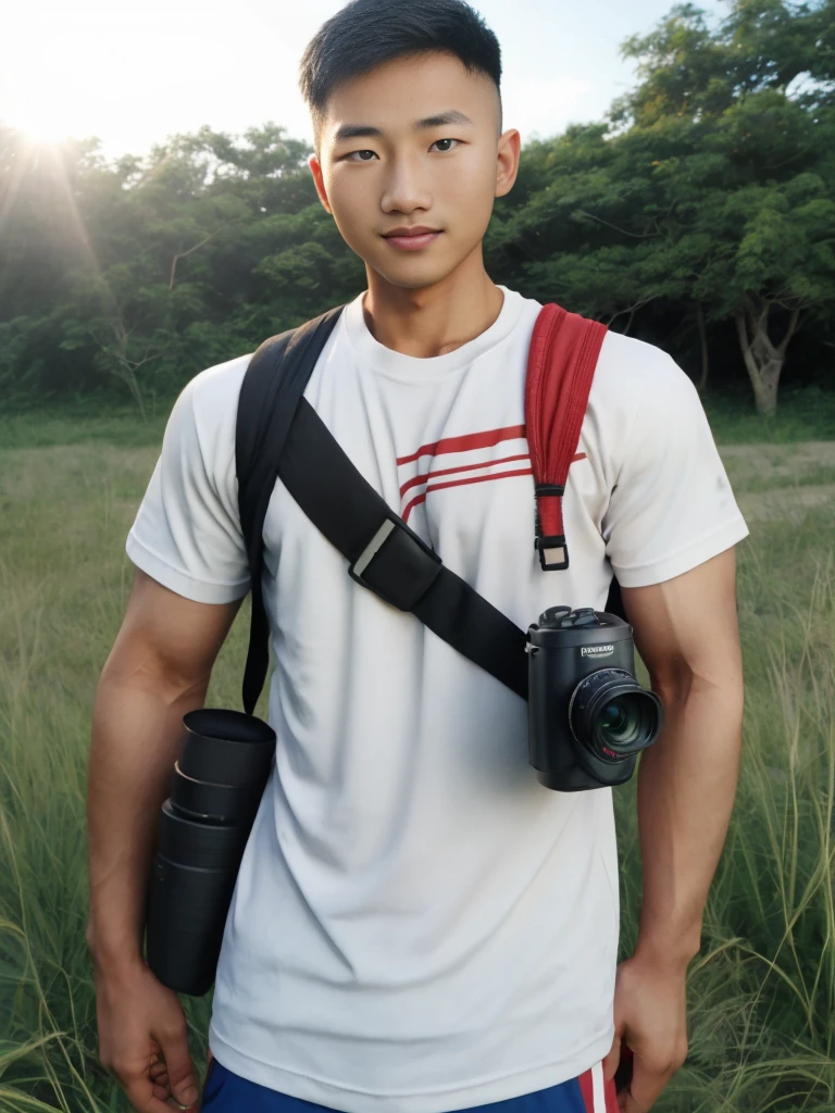 A handsome, muscular young Asian man looks at the camera. In a simple t-shirt white and red , Fieldside, grass, beach, sunlight, Carrying a camera