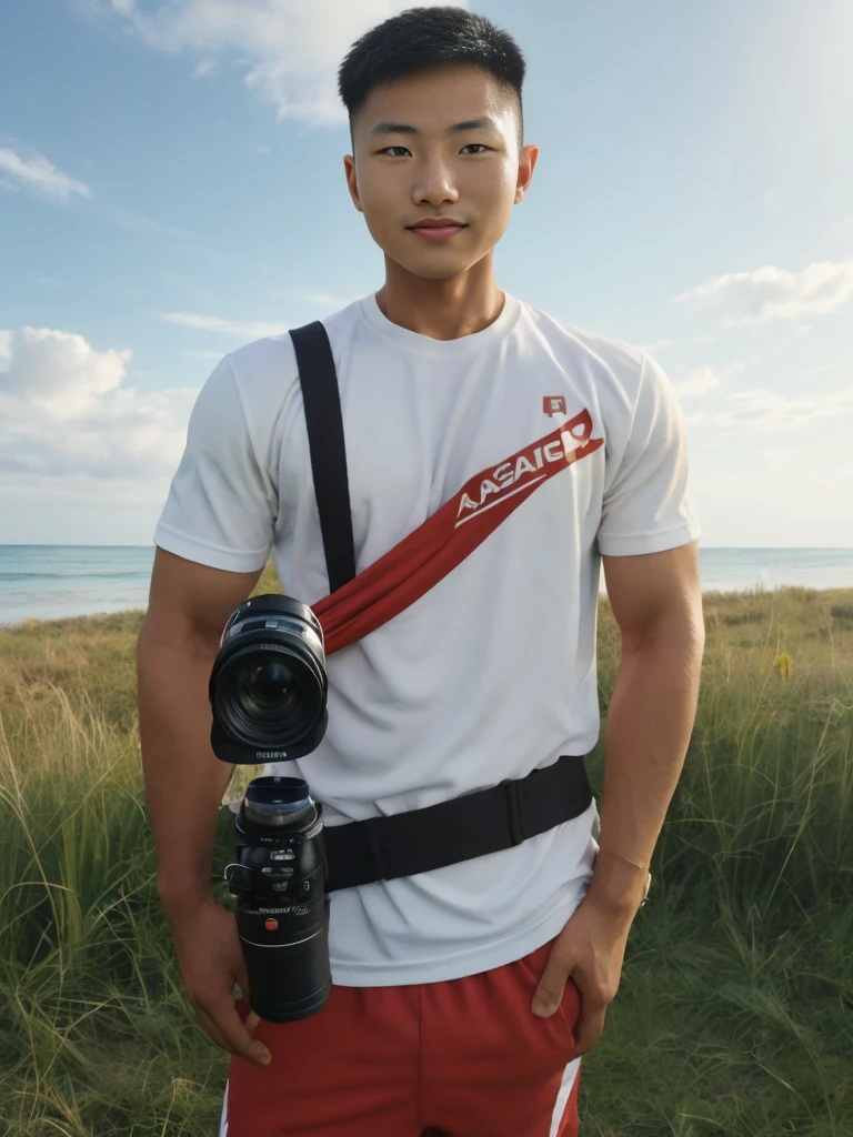 A handsome, muscular young Asian man looks at the camera. In a simple t-shirt white and red , Fieldside, grass, beach, sunlight, Carrying a camera