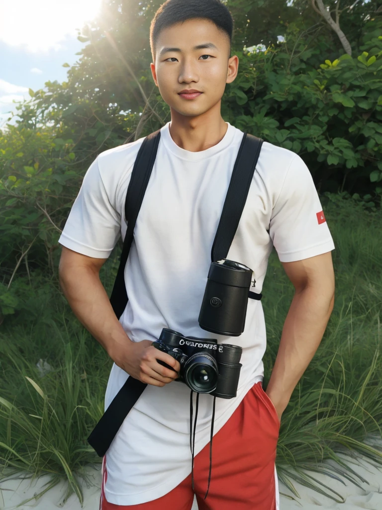 A handsome, muscular young Asian man looks at the camera. In a simple t-shirt white and red , Fieldside, grass, beach, sunlight, Carrying a camera