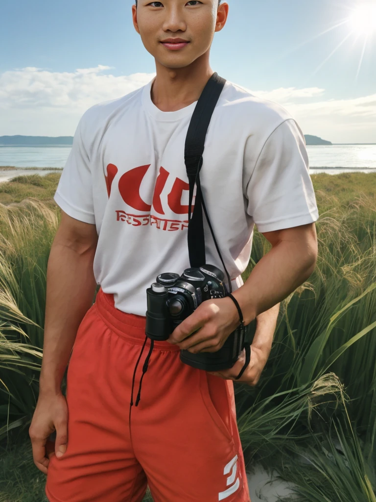 A handsome, muscular young Asian man looks at the camera. In a simple t-shirt white and red , Fieldside, grass, beach, sunlight, Carrying a camera