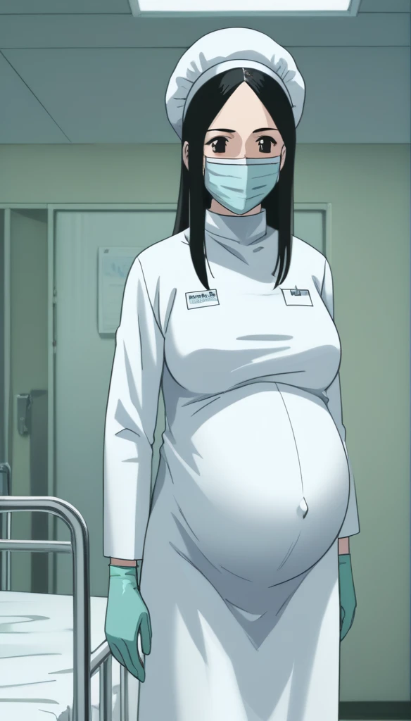 score_9, score_8_up, score_7_up, source_anime, raw image, masterpiece, highest quality, natural light, patient room background, kasuganoray, good shape, pale skin, shy eyes, big breasts, scrubs, surgical mask, bouffant cap, long sleeve surgical gown,
1girl, pregnant, solo, rubber gloves, looking down, furrowed brow, hospital bed, standing, even though she's pregnant she has a good figure,