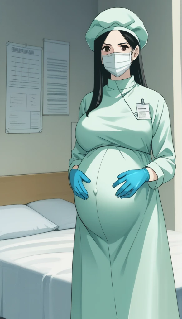 score_9,  score_8_up, score_7_up, source_anime, raw image, masterpiece, highest quality, natural light, patient room background, kasuganoray, good shape, pale skin, shy eyes, big breasts, scrubs, surgical mask, bouffant cap, long sleeve surgical gown,
1girl, pregnant, solo, rubber gloves, looking down, furrowed brow, hospital bed, standing, even though she's pregnant she has a good figure, 