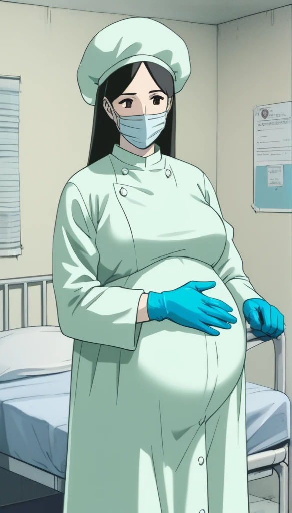 score_9, score_8_up, score_7_up, source_anime, raw image, masterpiece, highest quality, natural light, patient room background, kasuganoray, good shape, pale skin, shy eyes, big breasts, scrubs, surgical mask, bouffant cap, long sleeve surgical gown,
1girl, pregnant, solo, rubber gloves, looking down, furrowed brow, hospital bed, standing, even though she's pregnant she has a good figure,