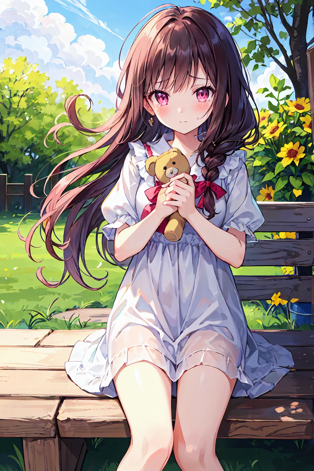 masterpiece, Highest quality, One girl, Dark brown hair, Long Hair, bangs, Pink Eyes, sad, In tears, View your viewers, Outdoor, blush, Ruffle sleeves, Wipe tears with your hands, With a teddy bear, Have a toy, very Long Hair, wood, Contemporary, Day, Floating Hair, Braiding, Light, summer background, summer, Light sky, sunny, squirt, garden, bench, benchに座っている