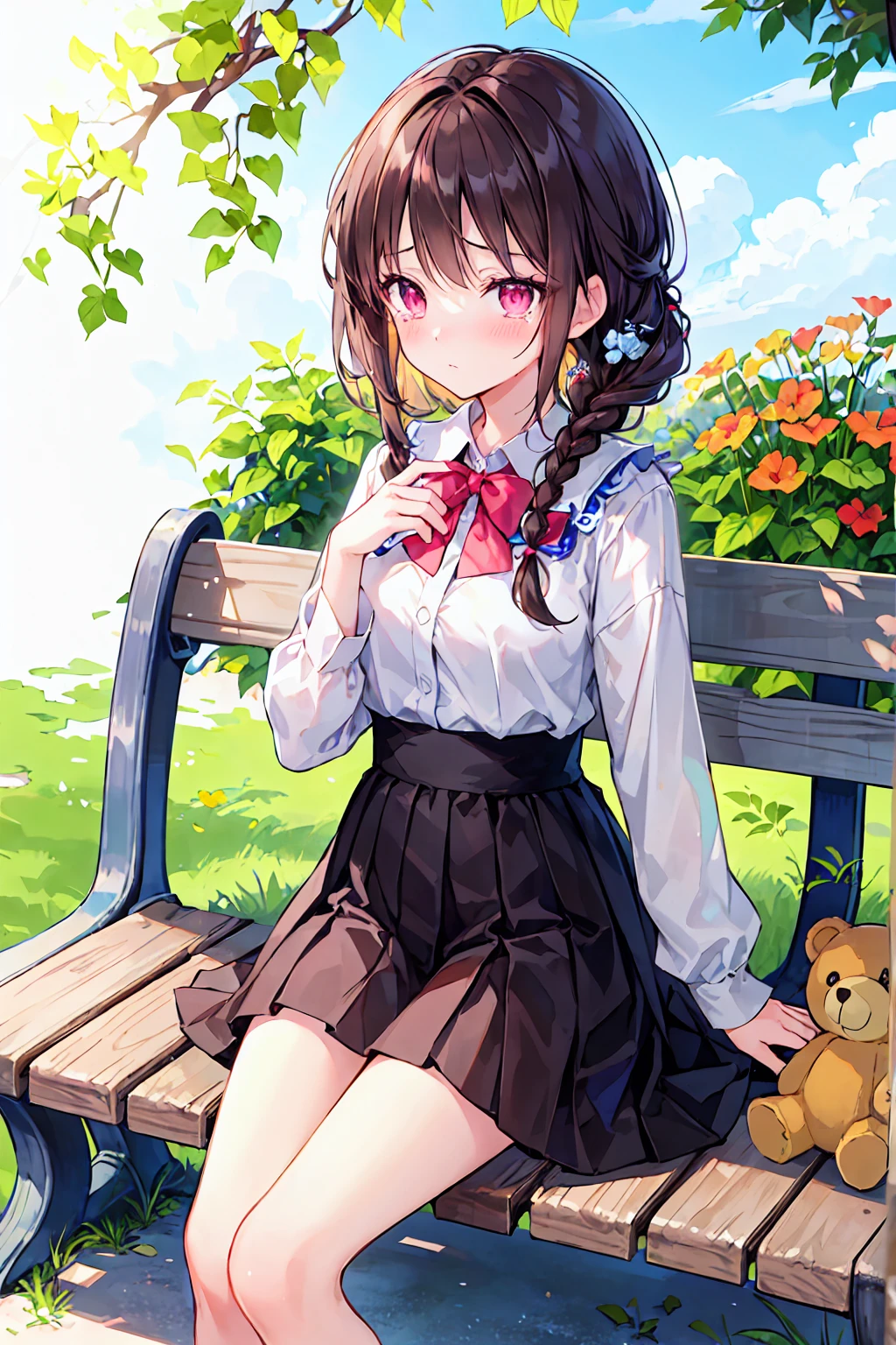 masterpiece, Highest quality, One girl, Dark brown hair, Long Hair, bangs, Pink Eyes, sad, In tears, View your viewers, Outdoor, blush, Ruffle sleeves, Wipe tears with your hands, With a teddy bear, Have a toy, very Long Hair, wood, Contemporary, Day, Floating Hair, Braiding, Light, summer background, summer, Light sky, sunny, squirt, garden, bench, benchに座っている