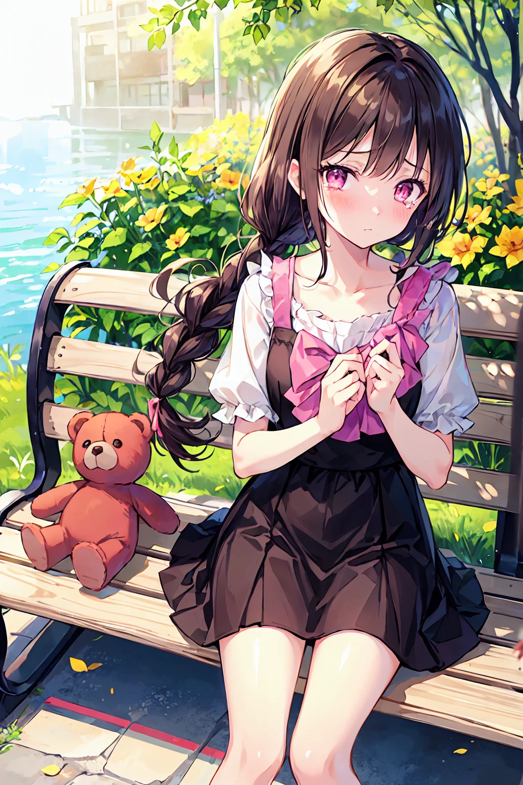 masterpiece, Highest quality, One girl, Dark brown hair, Long Hair, bangs, Pink Eyes, sad, In tears, View your viewers, Outdoor, blush, Ruffle sleeves, Wipe tears with your hands, With a teddy bear, Have a toy, very Long Hair, wood, Contemporary, Day, Floating Hair, Braiding, Light, summer background, summer, Light sky, sunny, squirt, garden, bench, benchに座っている