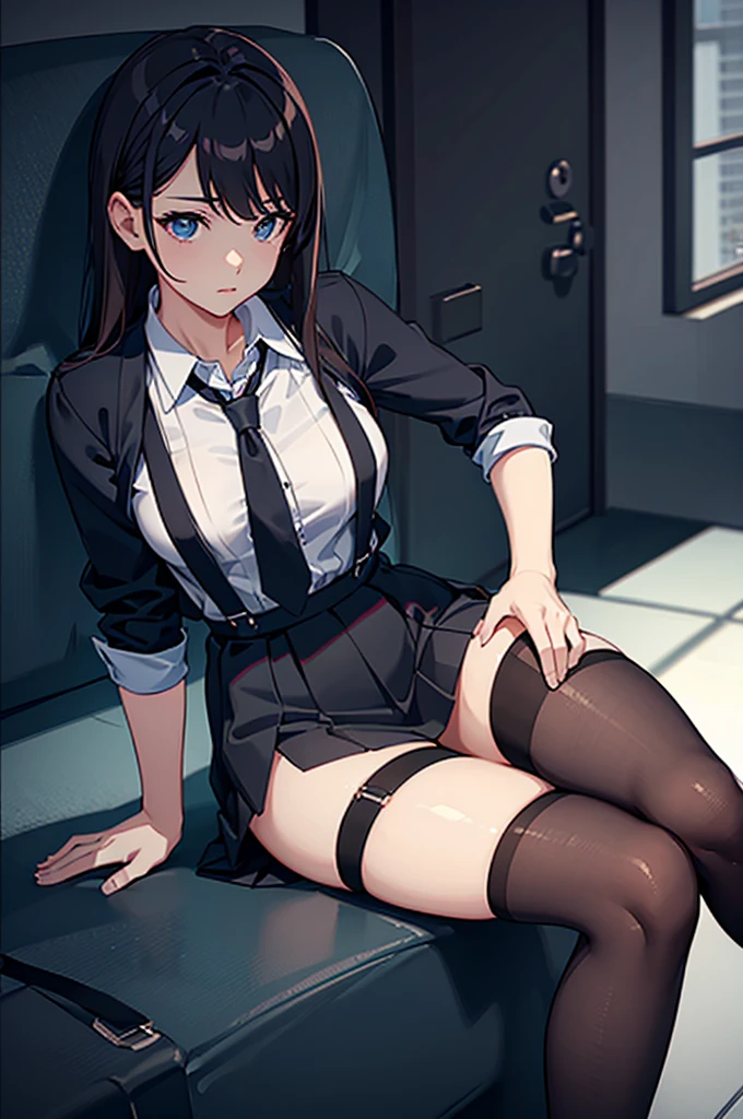 A woman wearing a shirt and JK skirt，With a tie，Wearing suspender stockings on the legs，Sit there，Exposing the abdomen，The figure is good，The head is not exposed，[ 4K realism ]!!, [ 4K realism ]!!!, [ 4K digital art ]!!, Realistic shadow perfect body, realisticlying!!!!!!! art-style, photorealistic anime, by Shitao, Popular topics on cgstation, Casual pose, realistic anime 3D style