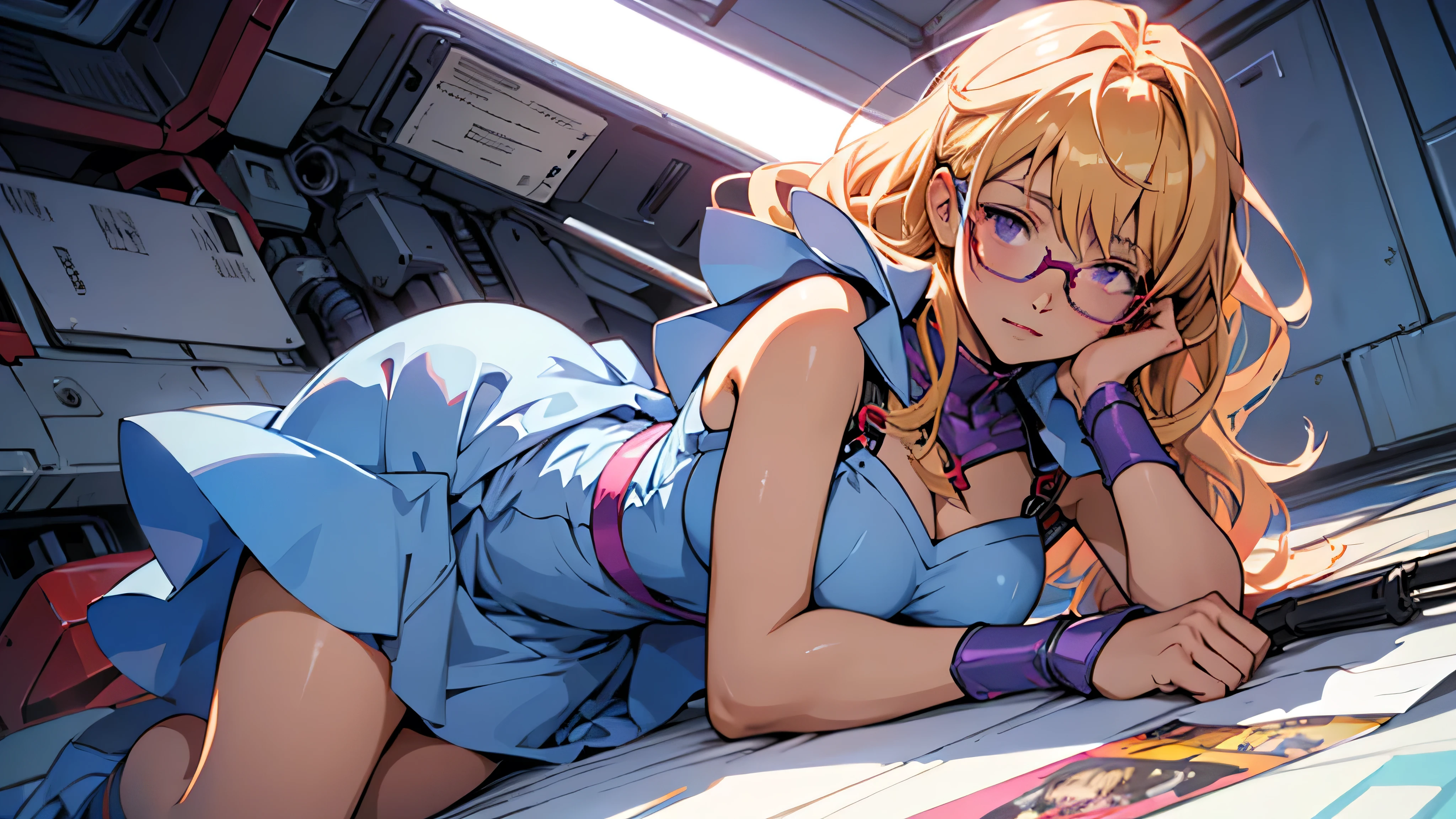 anime,An illustration,purple robot,Mobile Suit,Dom,Light blue check dress,Red glasses,Blonde,Light blue mesh hair,beautiful girl,Sora Sakurano,One person