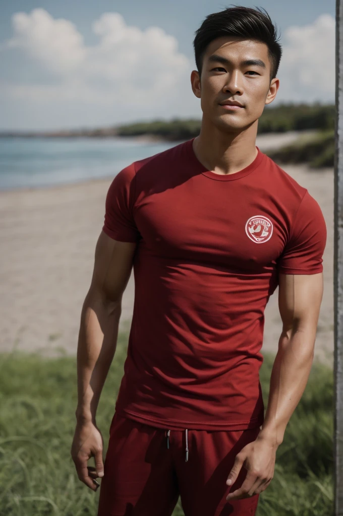 A handsome, muscular young Asian man looks at the camera. In a simple t-shirt white and red , Fieldside, grass, beach, sunlight, Carrying a camera