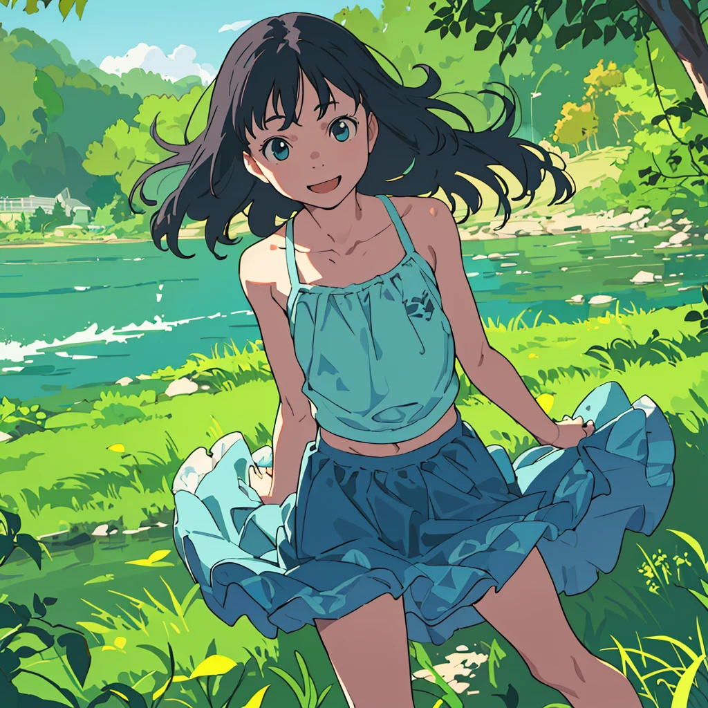 reasonable design, Clear lines, High Sharpness, (highest quality,8K,Perfect sharpness,Ultra fine,High resolution,masterpiece:1.2), Perfect Anatomy:1.5, Official Art, Illustrations that tell a story, (Whitish background:0. 9）、Body Positivity、More Mr.Physical expression、（Random and mischievous poses）、Perfect beauty、Perfect beautiful face、Strong winds、A rich expression、Dynamic composition、smile、Golden ratio composition、colorful、（Mr.Different angles and perspectives）、anime art、mini skirt、（Overcoming stereotypes）、 Glowing Skin、（Natural beauty）、smile、bangs、Straight Hair、（Soft and flowing hair）、（Rural Scenery）、（Nostalgic atmosphere）、Insert up to the thighs、（Playful and carefree）、（More Mr.Ethnic characters）、（innocent attitude）、（Sunny atmosphere）、Skirt flipped up、（Bright colors）、Belly button exposed、Beautiful Eyes、A skirt fluttering in the wind、Put it in to your feet、Some composition patterns、Tank top、ル、sensuous、Geometric pattern、