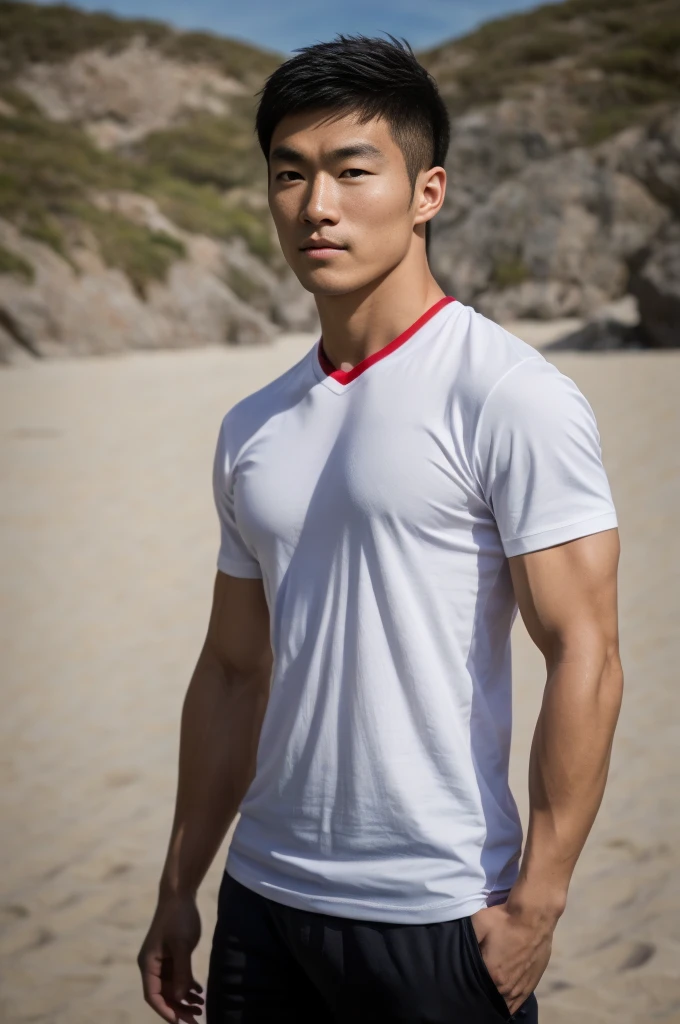 A handsome, muscular young Asian man looks at the camera. In a simple t-shirt white and red , Fieldside, grass, beach, sunlight, Carrying a camera