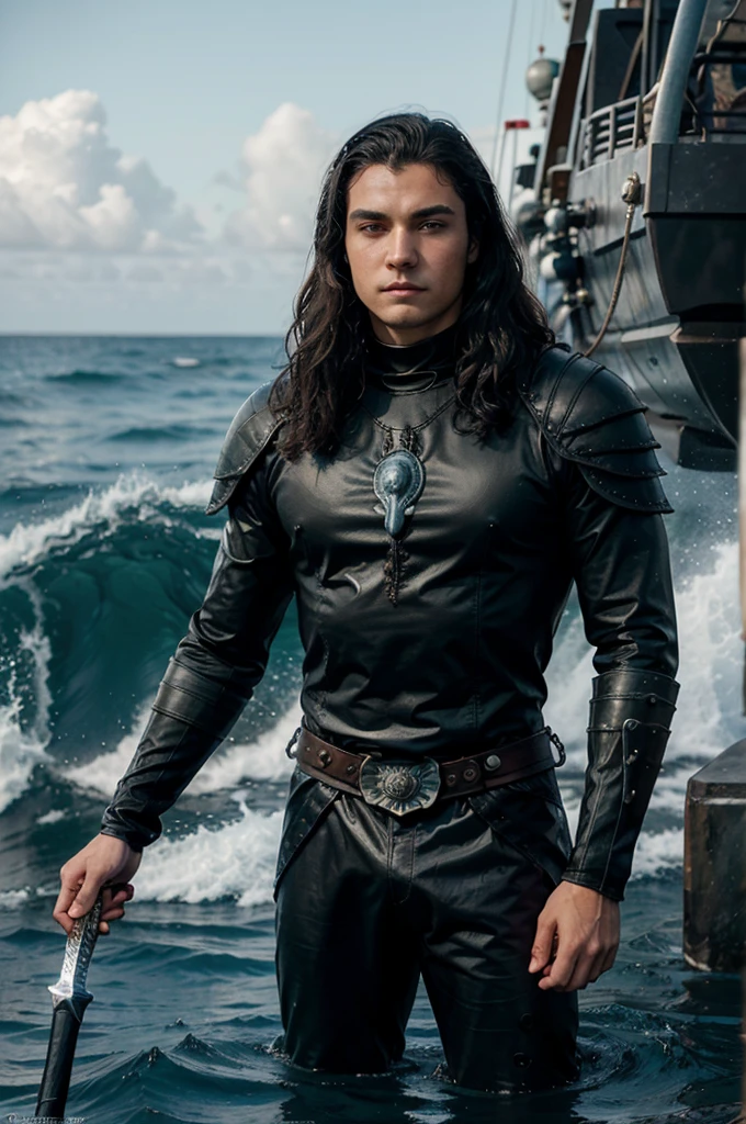 A handsome 18 year old young man from the Greyjoy clan and mermaid race. he is the ruler of the southern sea, has black drow hair and jet black eyes. almond crusted. has a long piercing. posing with a bloody sword like the leader of the sea. stern grin. with a killer aura. wearing knight clothes. background on a mid-ocean ship with big waves and a big octopus in the sea. make it in marvel panel comic art style