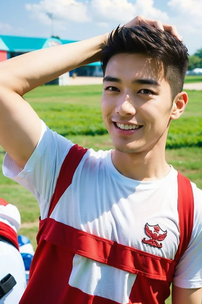 A handsome, muscular young Asian man looks at the camera. In a simple t-shirt white and red , Fieldside, grass, beach, sunlight, Carrying a camera