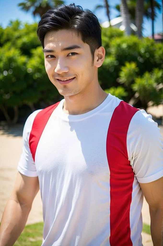 A handsome, muscular young Asian man looks at the camera. In a simple t-shirt white and red , Fieldside, grass, beach, sunlight, Carrying a camera