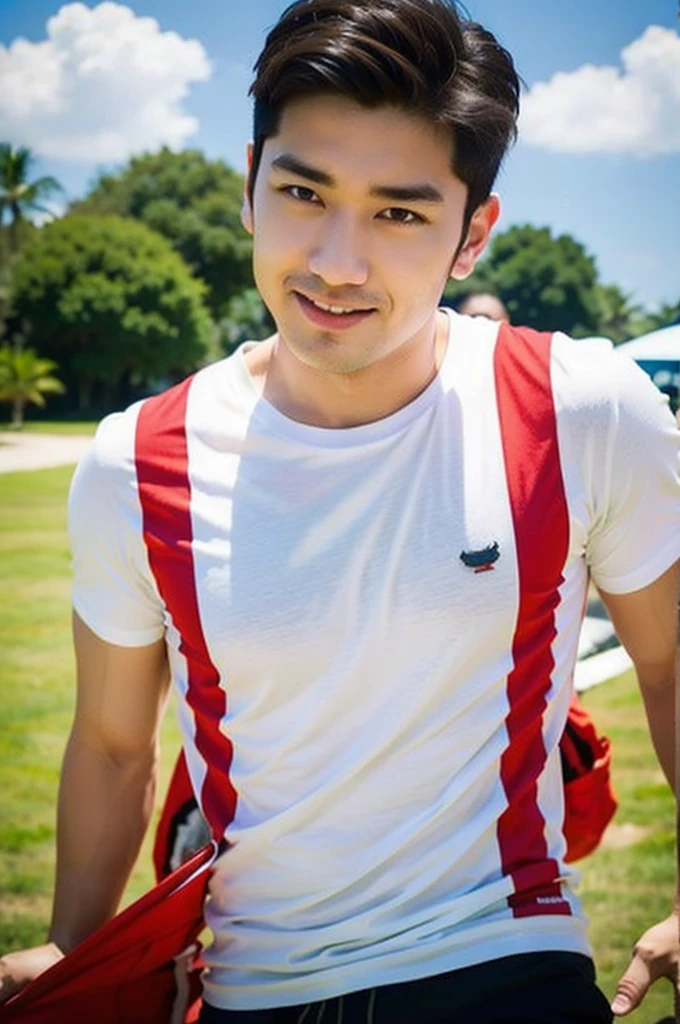 A handsome, muscular young Asian man looks at the camera. In a simple t-shirt white and red , Fieldside, grass, beach, sunlight, Carrying a camera