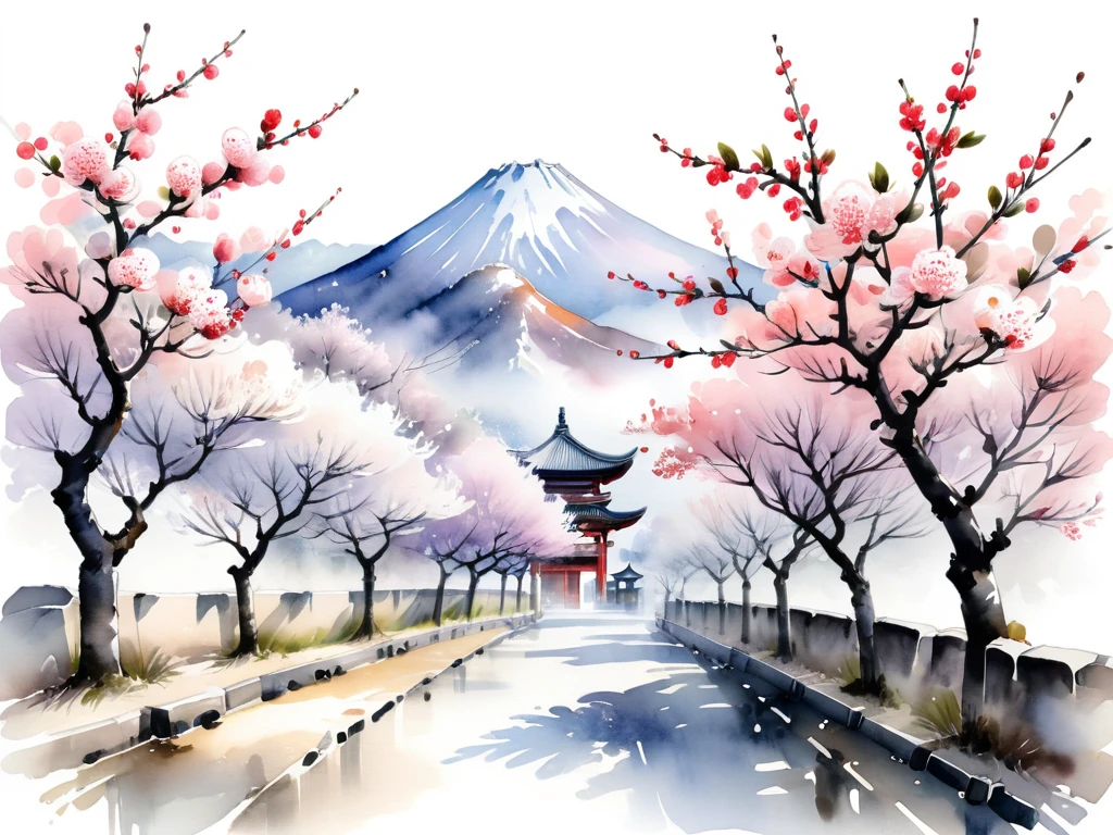 White background
a watercolor illustration of Japanese plum trees
Many fine plum trees are designed to slip between and between the traditional streets of old Japan
Tasteful, Japanese-style design
chic and modern design
monotone
The background is white