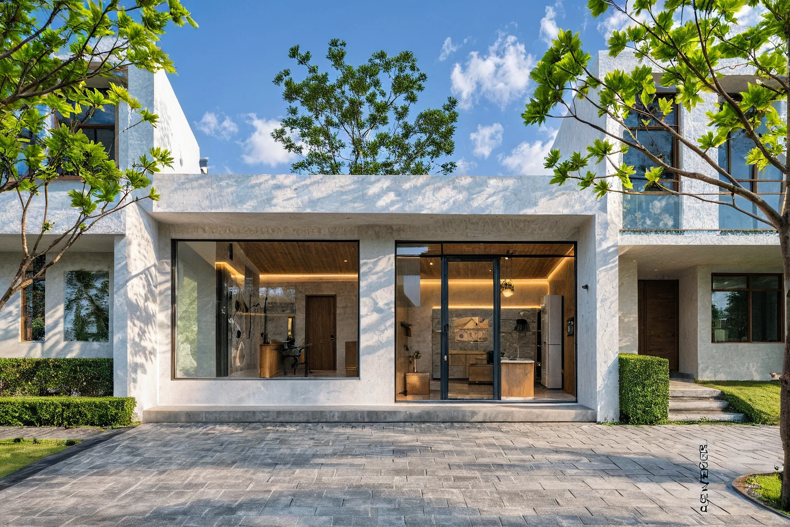 Masterpiece, high quality, best quality, authentic, super detail, outdoors, onestoreyvillaXL, aiaigroup, house style modern on the street ,stairs, white wall ,road,pavement, grass, trees, sky, cloud, (daylight:1.1),((pool front of villa))