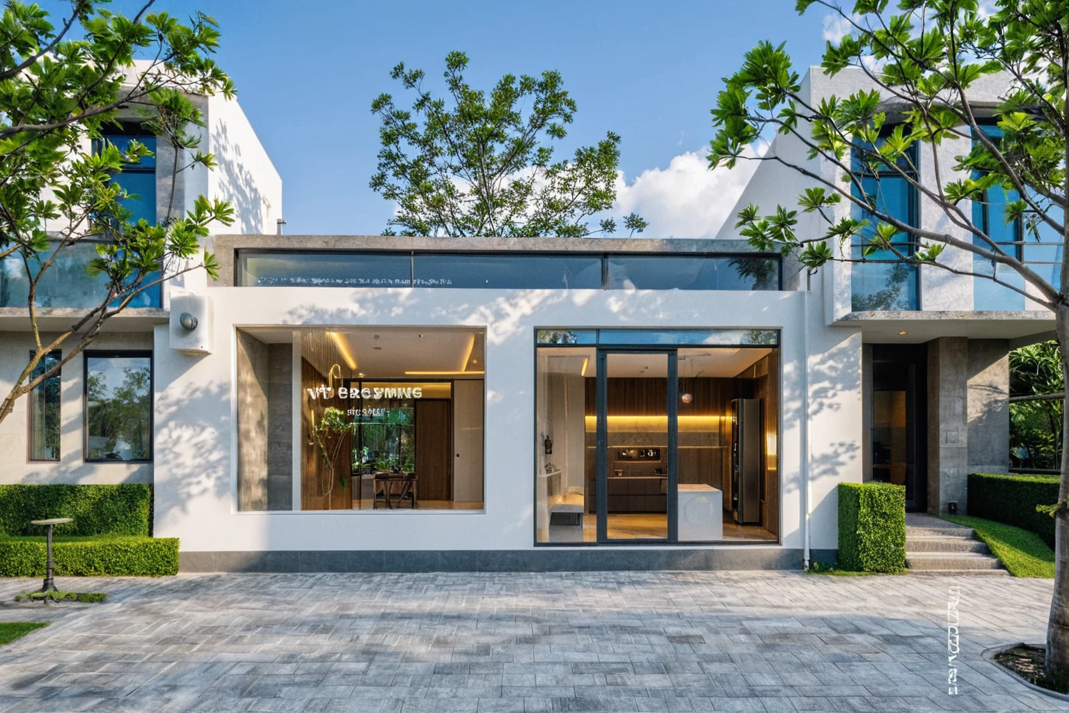Masterpiece, high quality, best quality, authentic, super detail, outdoors, onestoreyvillaXL, aiaigroup, house style modern on the street ,stairs, white wall ,road,pavement, grass, trees, sky, cloud, (daylight:1.1),((pool front of villa))
