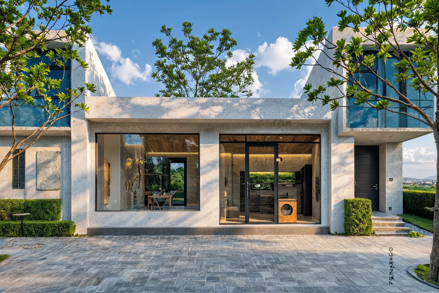 Masterpiece, high quality, best quality, authentic, super detail, outdoors, onestoreyvillaXL, aiaigroup, house style modern on the street ,stairs, white wall ,road,pavement, grass, trees, sky, cloud, (daylight:1.1),((pool front of villa))
