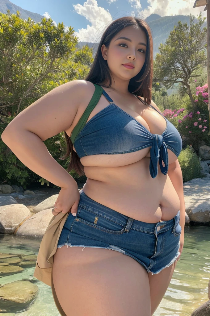 ((Best Quality, 8K, Masterpiece: 1.3)), Chubby woman smile ((best quality)), ((masterpiece)), (detailed), perfect face, USA woman fat in a dark-blue shirt and blue denim skirt walking down a street, thicc, she has a jiggly fat round belly, bbwchan, wearing tight sexy clothes, skinny waist and thick hips, widest hips, her belly is fat and round, soft curvy shape, hyperrealistic full figure, wearing a cute top, wide hips, cropped shoulders,Bare belly,(big assa:0.7),show legs,, thicc, beautiful thick female, beautiful curvy female,, Tall and tall,clear curvy details, curvy hourglass figure, alluring plus sized model, bbwchan, Voluptious body, Curvy model, Curvy body, Be red in the face, 1girll fat , a matural female, A MILF, the golden ratio,(Kpop idol),(Oil skin:1.2),(Oil skin:1.1) background High quality, HD, realistic, HDR. mountain refuge in grey stone, blends into the panoramic view of the mountain, spring landscape (green and flowery), edelweiss, lake, stream that winds, sunset, cool breeze. welcome mountaineers and hikers.