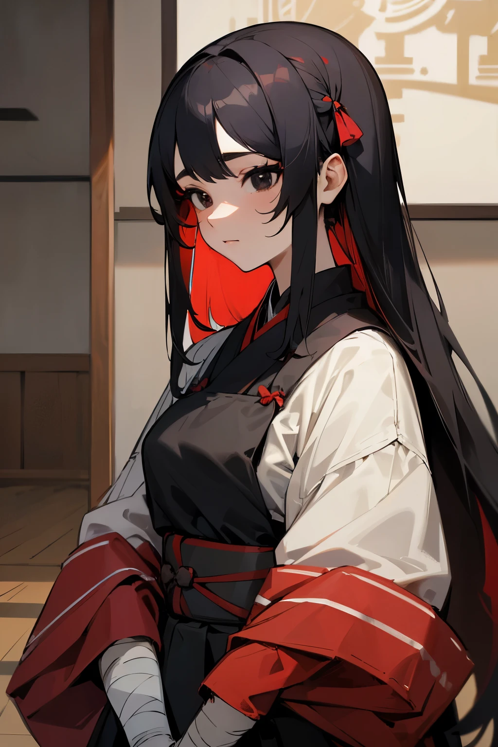 (masterpiece, best quality), 1girl, tall girl, ((half body)), sole female, long black hair, red highlights on hair:1.07, black eyes, bandages on cheek, kendo, wearing kendo suit, inside training hall, gentle face