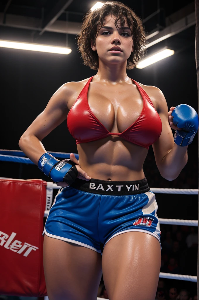 18 year old Indian girl, short hair, busty, large breasts, topless, wearing blue shorts, boxing gloves, laying on the ground spreading her legs, open mouth, half closed eyes, boxing ring, erotic expression, realistic, photorealistic, masterpiece, 8k, ultra-detailed, hyper-realistic, professional, dramatic lighting, vibrant colors, cinematic
