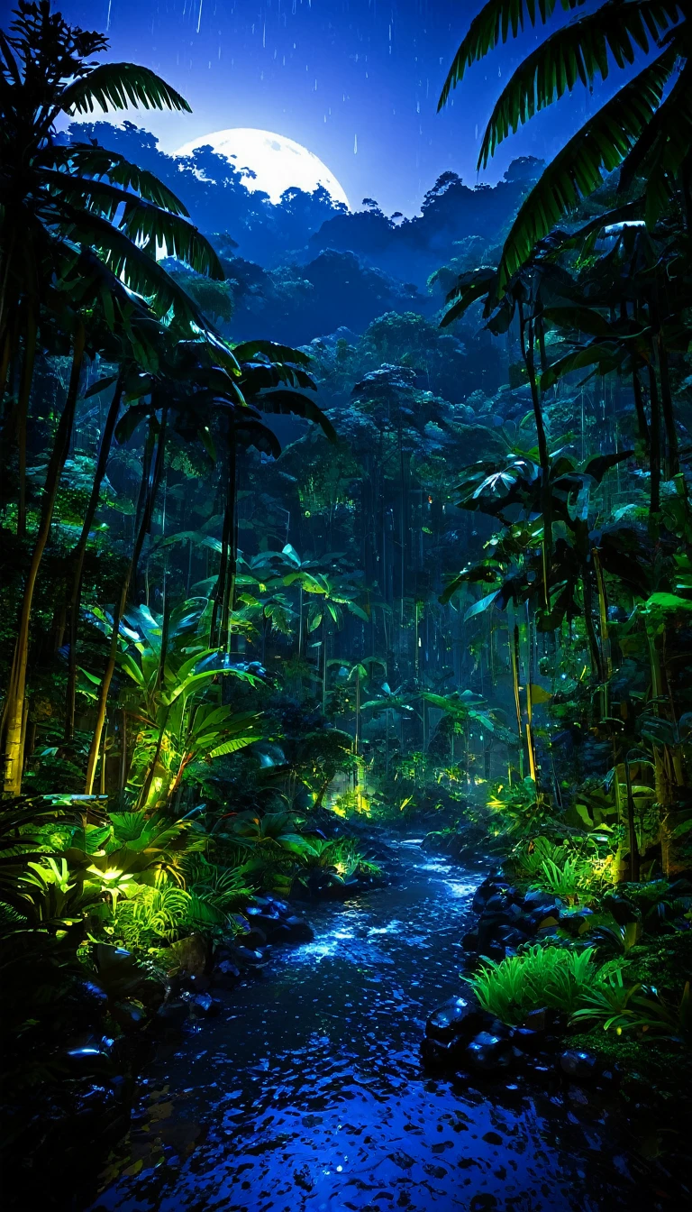 anime styling, fancy, paisaje, naturey, exotic colors, no characters, no green colors. Ultra realistic , night time , lush tropical rainforests