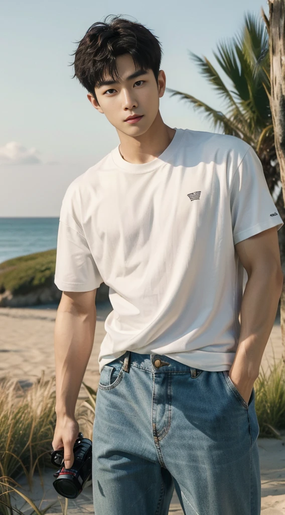 A handsome, muscular young Asian man looks at the camera. In a simple t-shirt white and red , Fieldside, grass, beach, sunlight, Carrying a camera