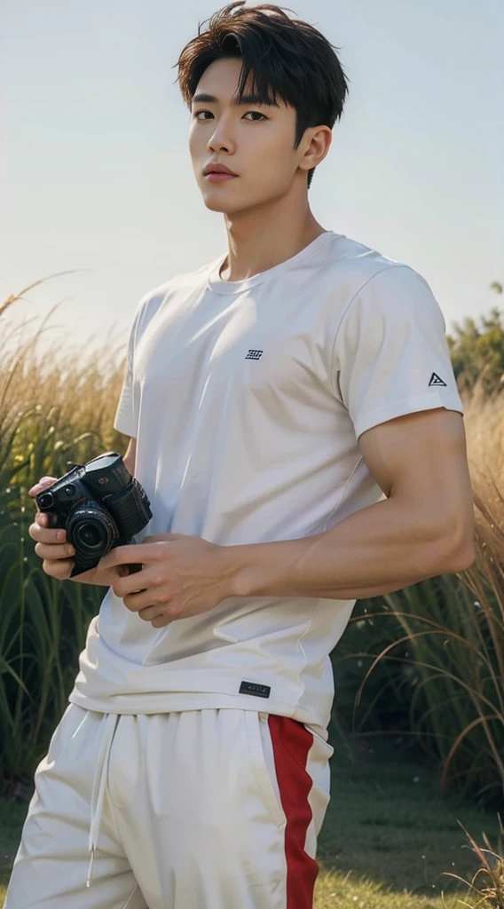 A handsome, muscular young Asian man looks at the camera. In a simple t-shirt white and red , Fieldside, grass, beach, sunlight, Carrying a camera