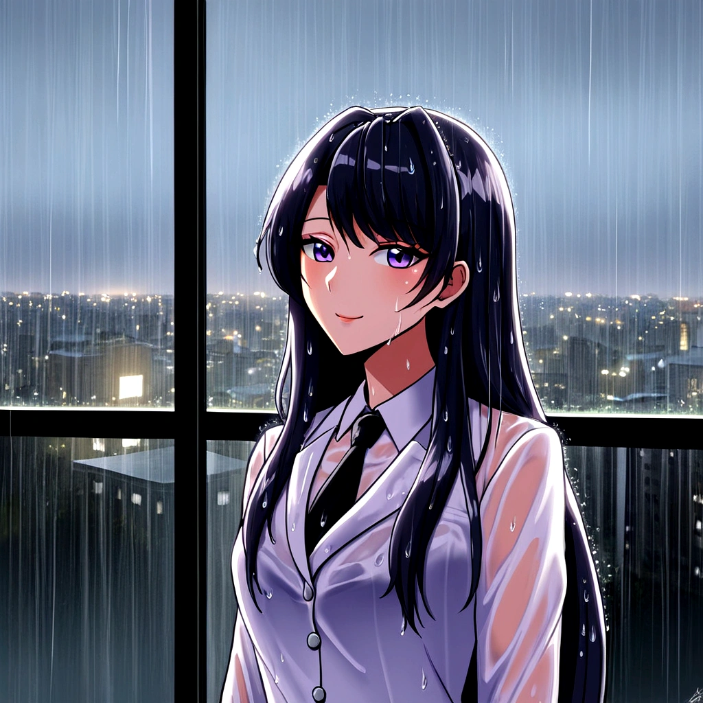 (8K, RAW photos, best quality, masterpiece:1.2), (Practical, photo-Practical:1.37), Omotosa, 1 Girl, (Korean Idol), (Egiosar:1), Lovely, city View, rain, wet, Professional lighting, Photon Mapping, Radiosity, Physically Based Rendering,,  