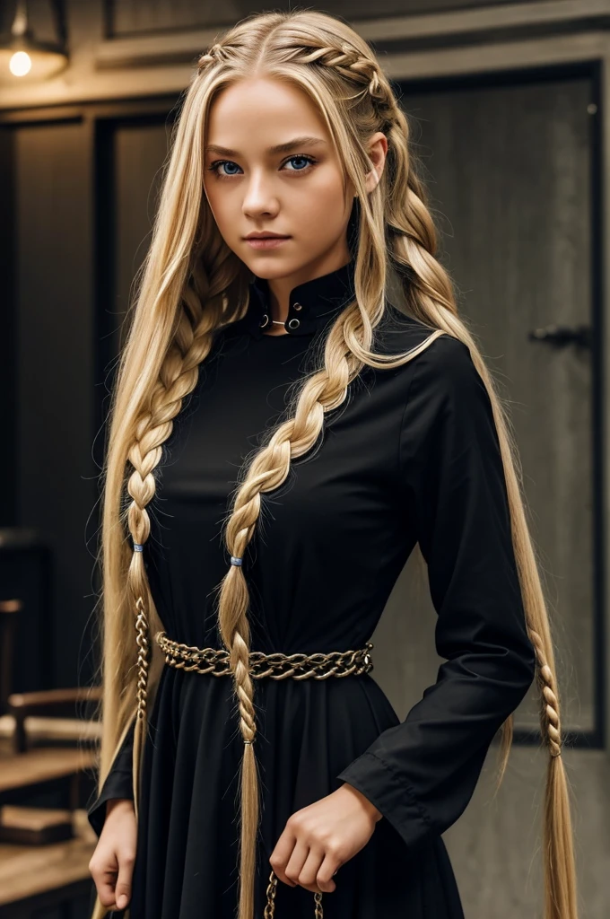 A girl has red eyes and long blonde hair that she has tied into two long braids. She is usually shown wearing a dark red dress, though she wore a black dress when she visited Trinity's event. Whenever she becomes serious, it is shown by her having black eyes. She can control wirelike objects, ranging from chains to wires. She is also able to oscillate said objects at high speed and use them to cut people