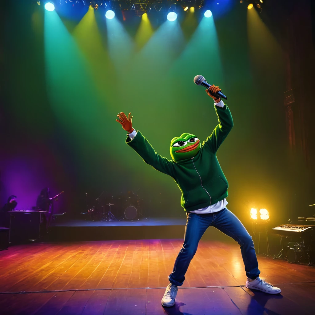A pepe the frog cartoon character,frog dropping microphone on stage,humorous,comedic,vibrant colors,dynamic pose,high energy expression,spotlight,stage,concert,performanceart,digital painting,highly detailed,photorealistic,4k,8k,masterpiece
