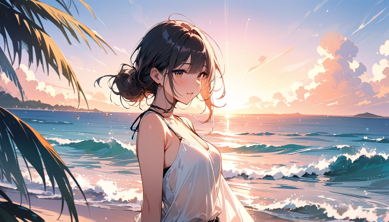 (masterpiece, Highest quality:1.2), 1 Girl, alone,Eyes open,Are you having fun,Tropical atmosphere,Ocean