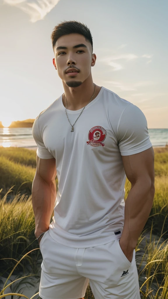 A handsome, muscular young Asian man looks at the camera. In a simple t-shirt white and red , Fieldside, grass, beach, sunlight