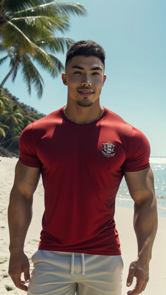 Tony Labrusca, A handsome, muscular young Asian man looks at the camera. In a simple t-shirt white and red , Fieldside, grass, beach, sunlight, Carrying a camera