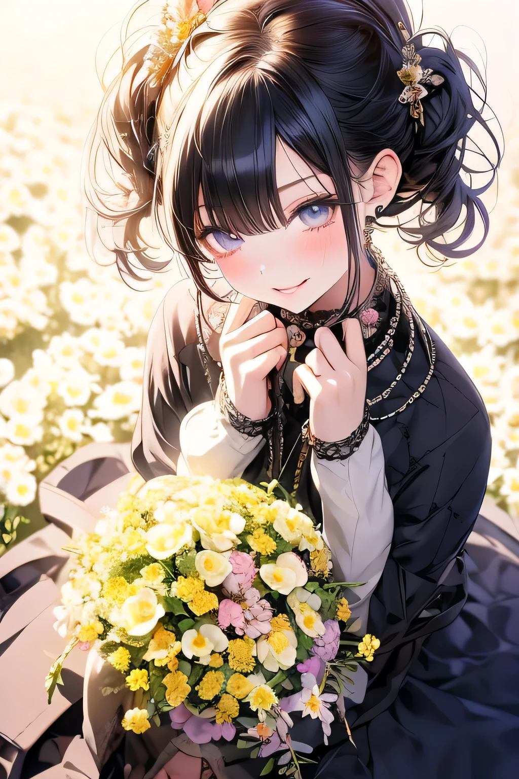 beautiful girl,Visual Kei,Jewelry Eye,Beautiful Eyes,Flower Field,Bouquet in hand,18k,beautiful girl