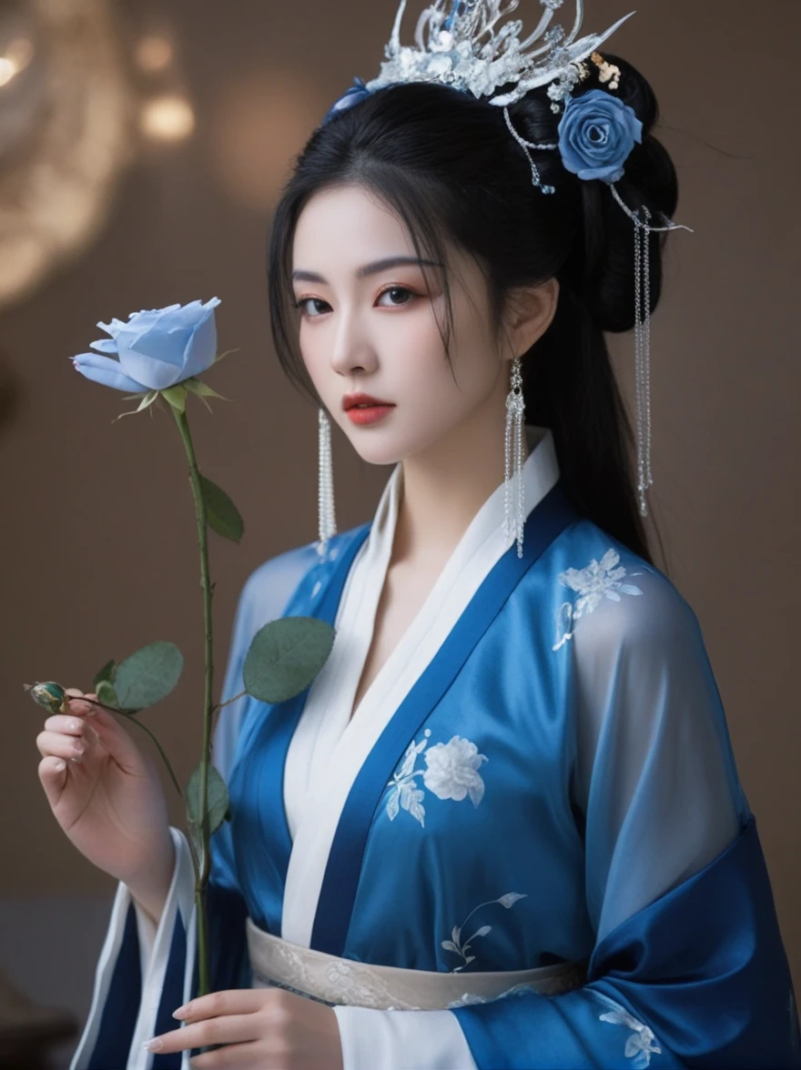 close up,portrait,Line Art,Splash,Simple and elegant,Beautiful blue witch rose fairy,Tang Dynasty imperial concubine ancient beauty,high-definition fashion photography,High-end,Ambiguous atmosphere,Woman with blue flowers on face,Anime art style,Bright dreamy scene,Yanjun Cheng,made of crystals,Light white and silver,John Pitley,Cute and dreamy,Chinese punk style,Romantic scenery,GIF,realistic hyperbole,Dark white and dark beige,Robbery,Strip painting,Bright background,Detailed description,Exquisite facial and clothing details,Realistic appearance HD 16K,light,Chiaroscuro,Any view,Medium shot,Surrealism,Hollywood style,photography,High-resolution details,Detailed expression,Rich details,